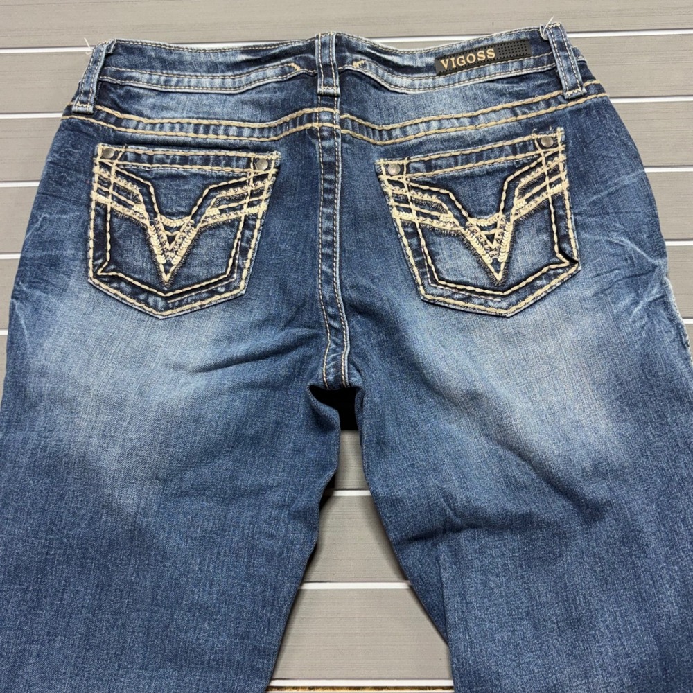 Vigoss Chelsea Slim Boot Jeans Womens 9/10 L33 Heritage Fit Medium Wash Studded